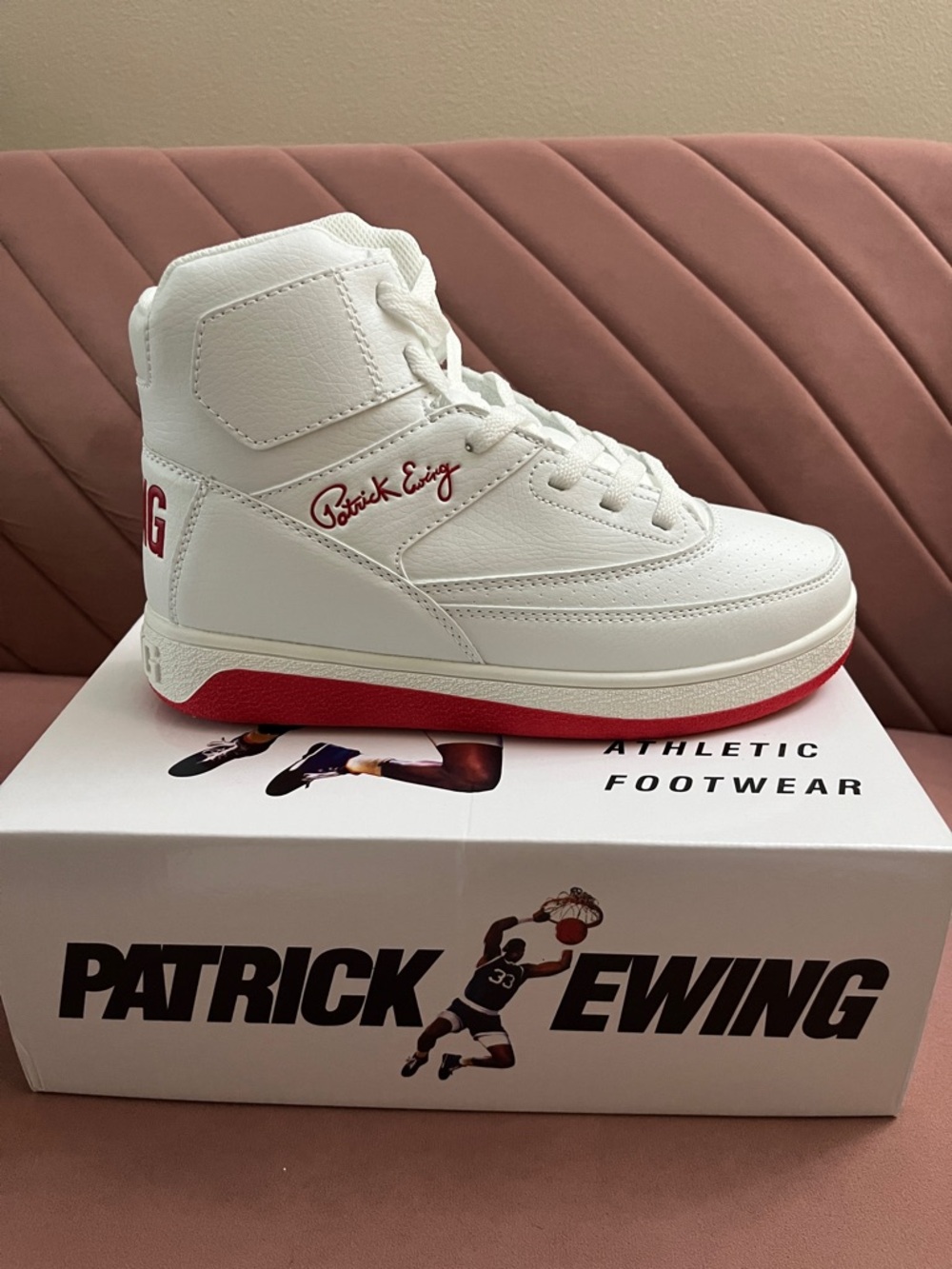 Patrick Ewing Kids' High-Top Sneakers in White with Red Accents